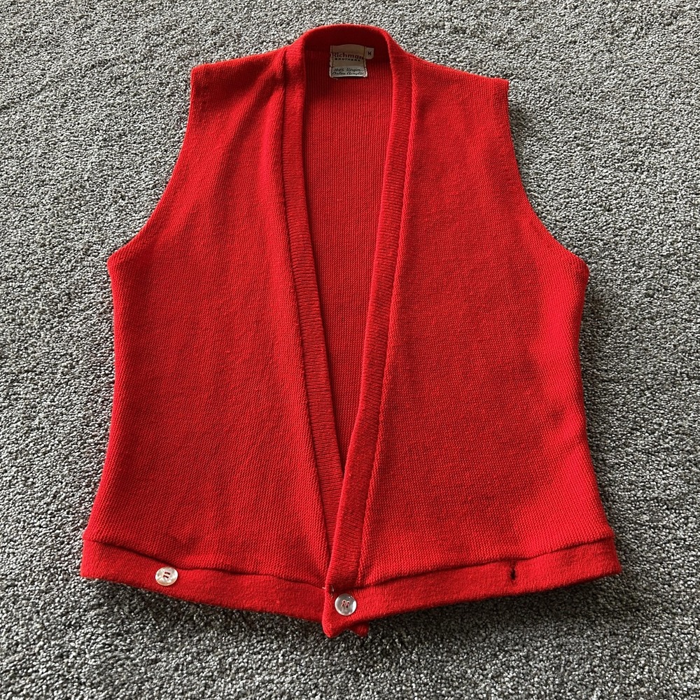 Vintage Richman Brothers Sweater Vest Mens Medium Red Tight Knit V Neck Acrylic